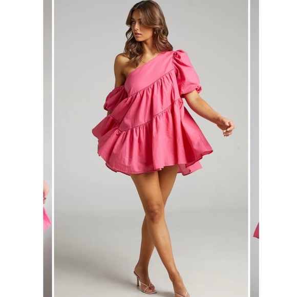 Showpo. Dresses & Skirts - NEW‎ Showpo Harleen Asymmetrical Trim Mini Dress Pink Ruffle Puff Sleeve US 6